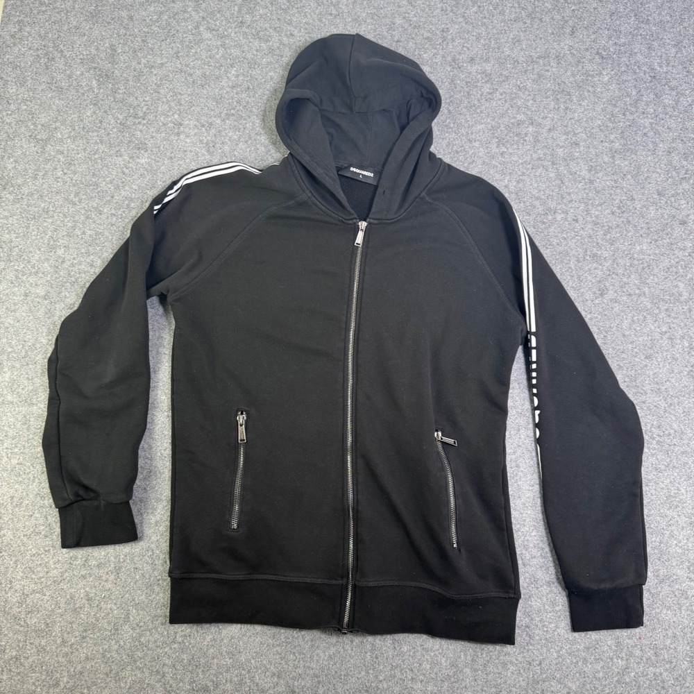 Dsquared2 Mens Full Zip Hoodie Black White Sleeve Stripe Logo Size L Cotton